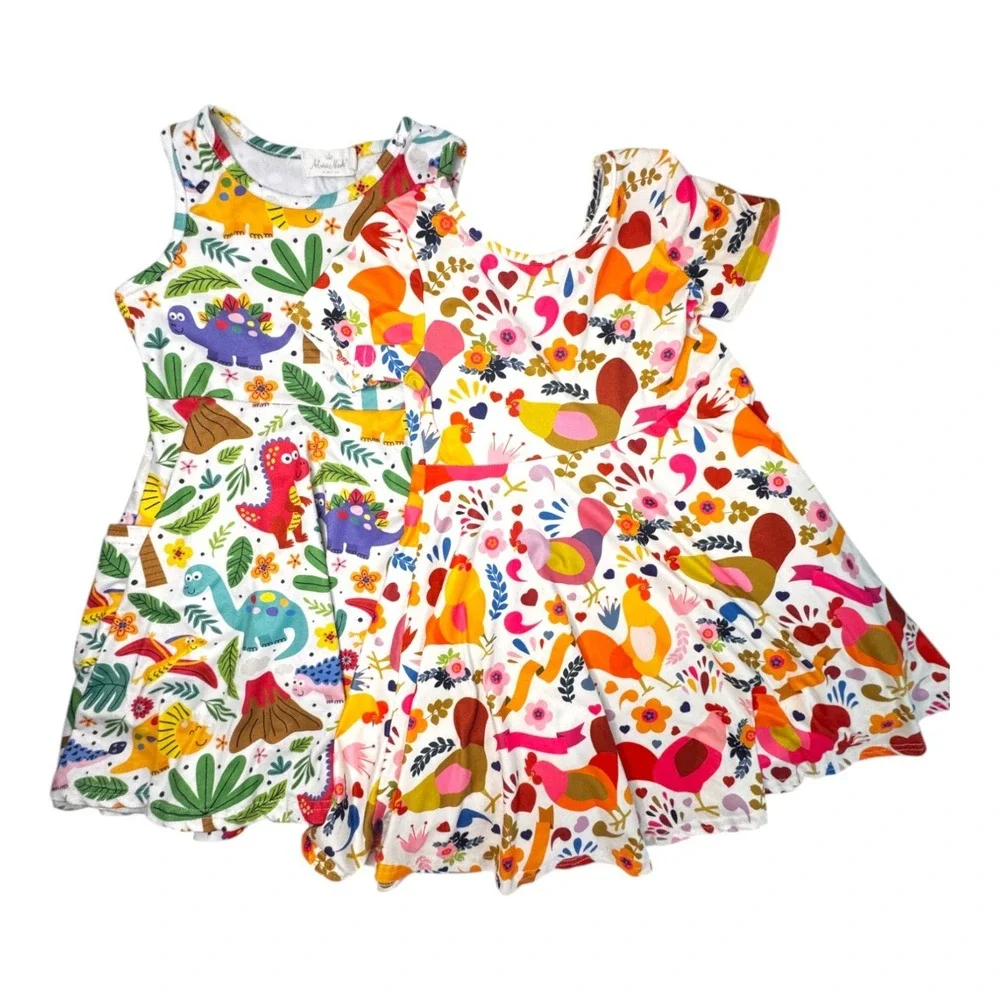 Marie Nicole Girls Dress Lot of 2‎ Sz Lg/4 Spring Summer Multicolor Rooster Dino